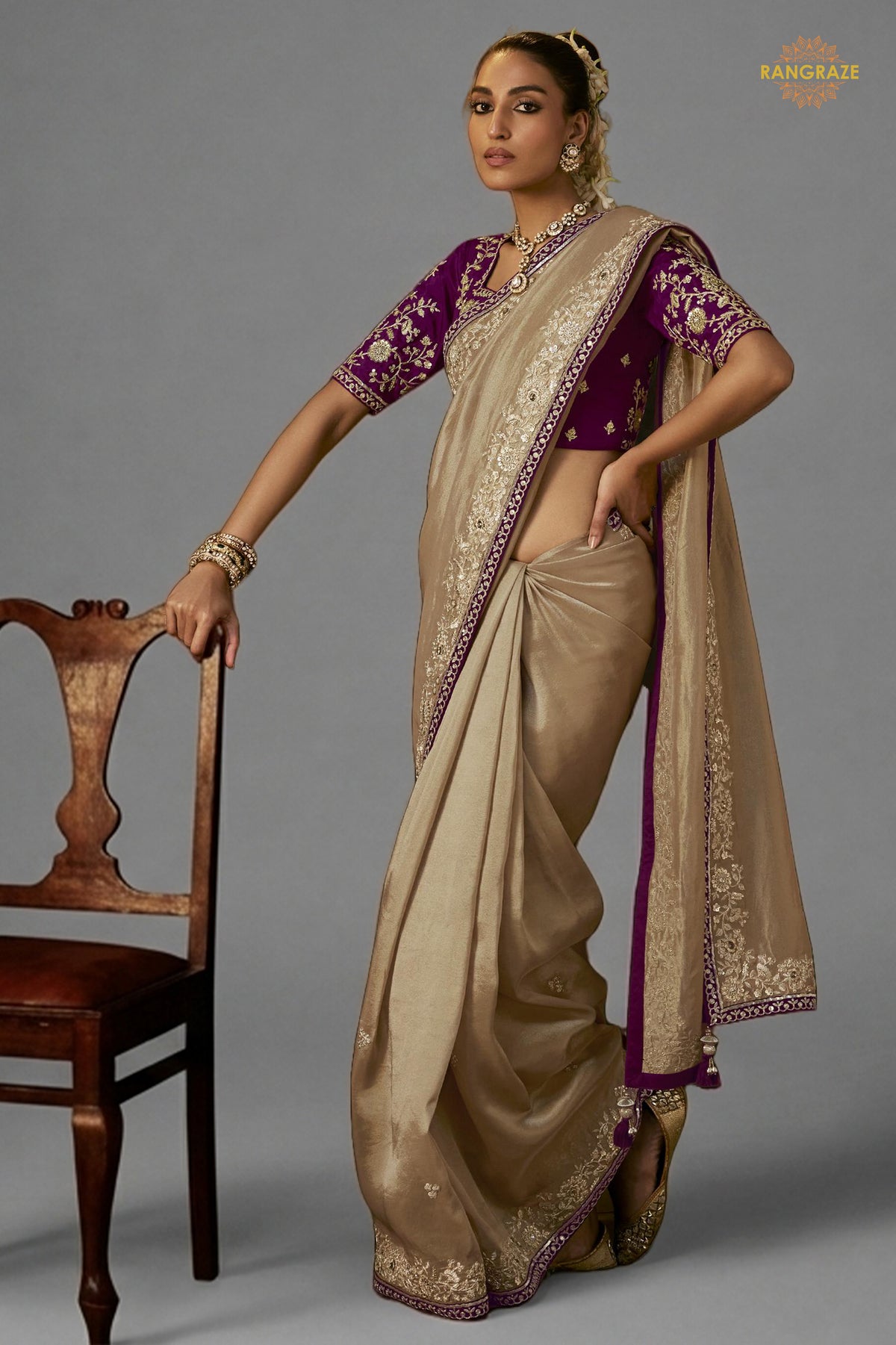 Beige Embroidered Viscose Tissue Saree