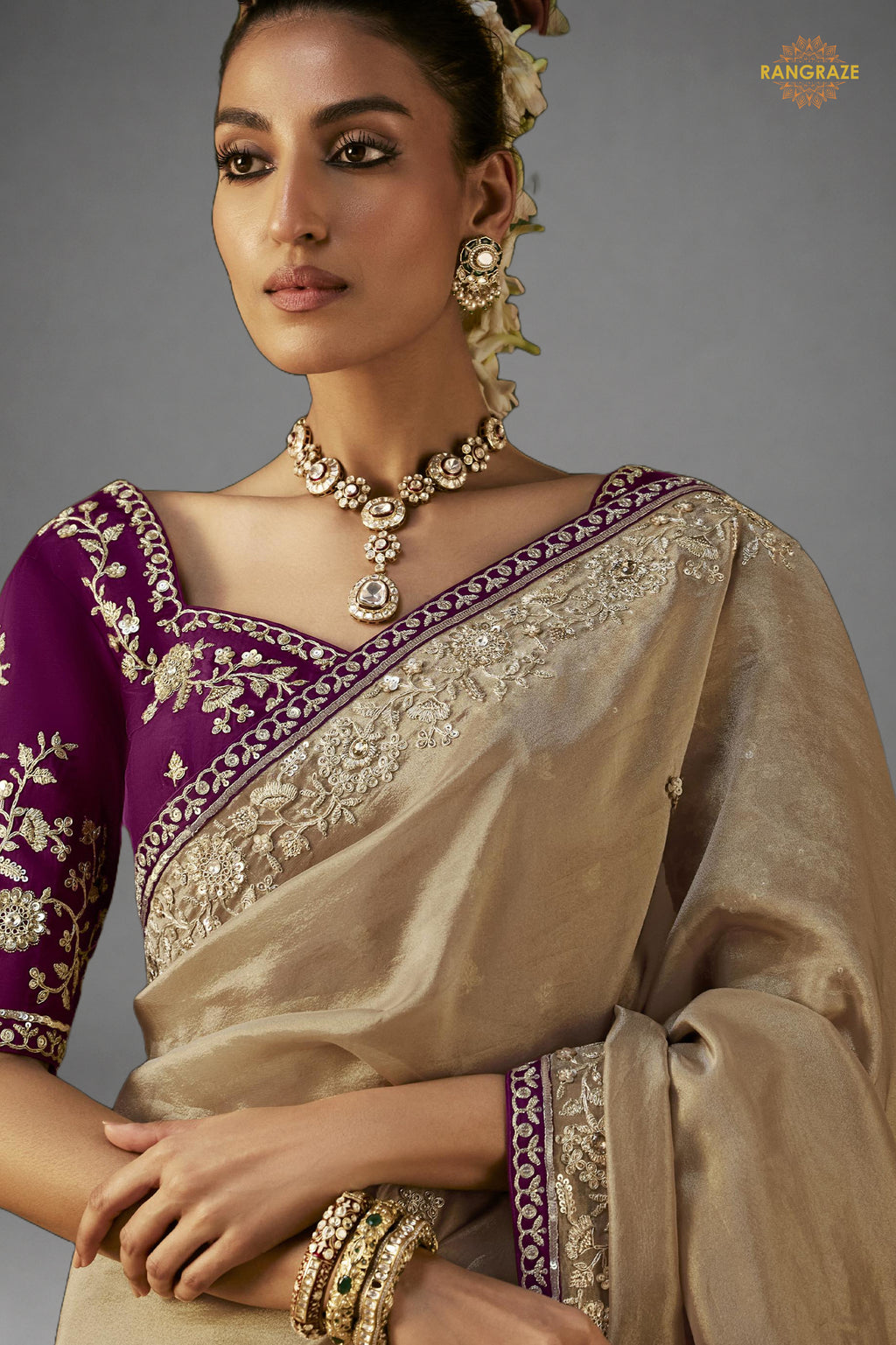 Beige Embroidered Viscose Tissue Saree