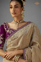Beige Embroidered Viscose Tissue Saree