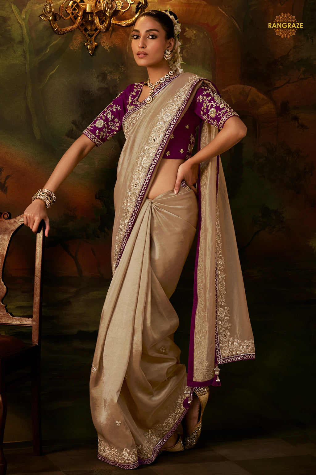 Beige Embroidered Viscose Tissue Saree