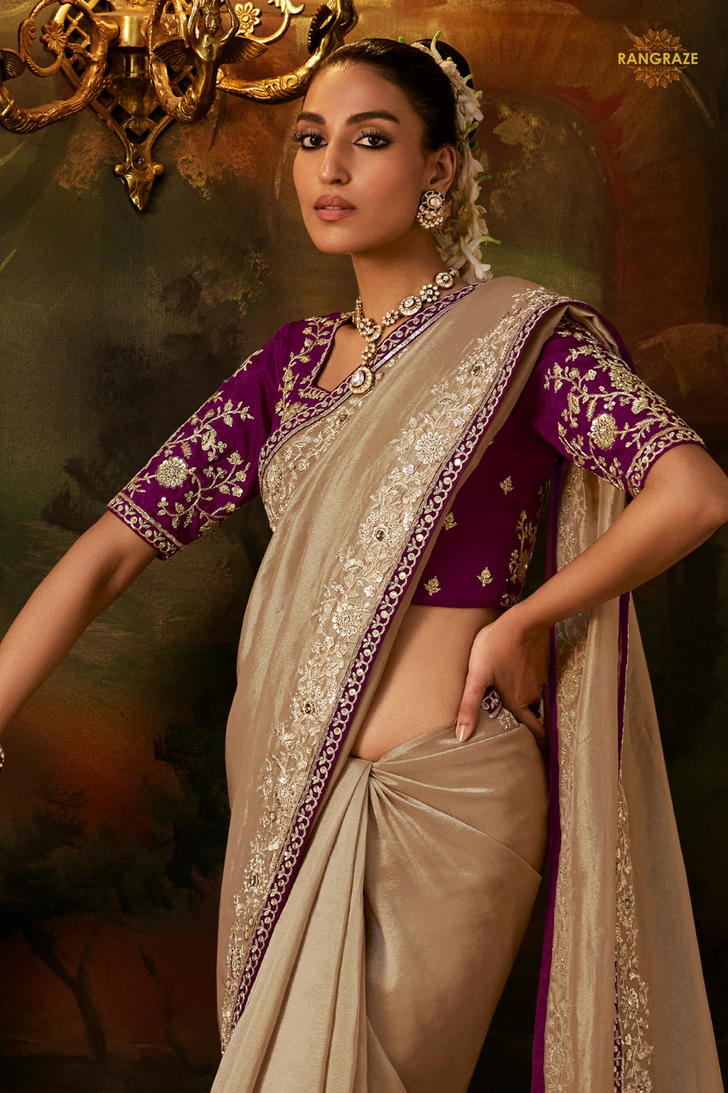 Beige Embroidered Viscose Tissue Saree