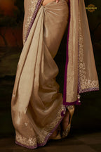 Beige Embroidered Viscose Tissue Saree
