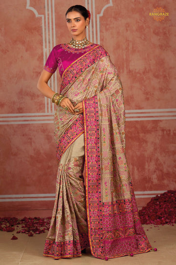 Beige Kachi Work Shana Silk Saree With Mirror Work