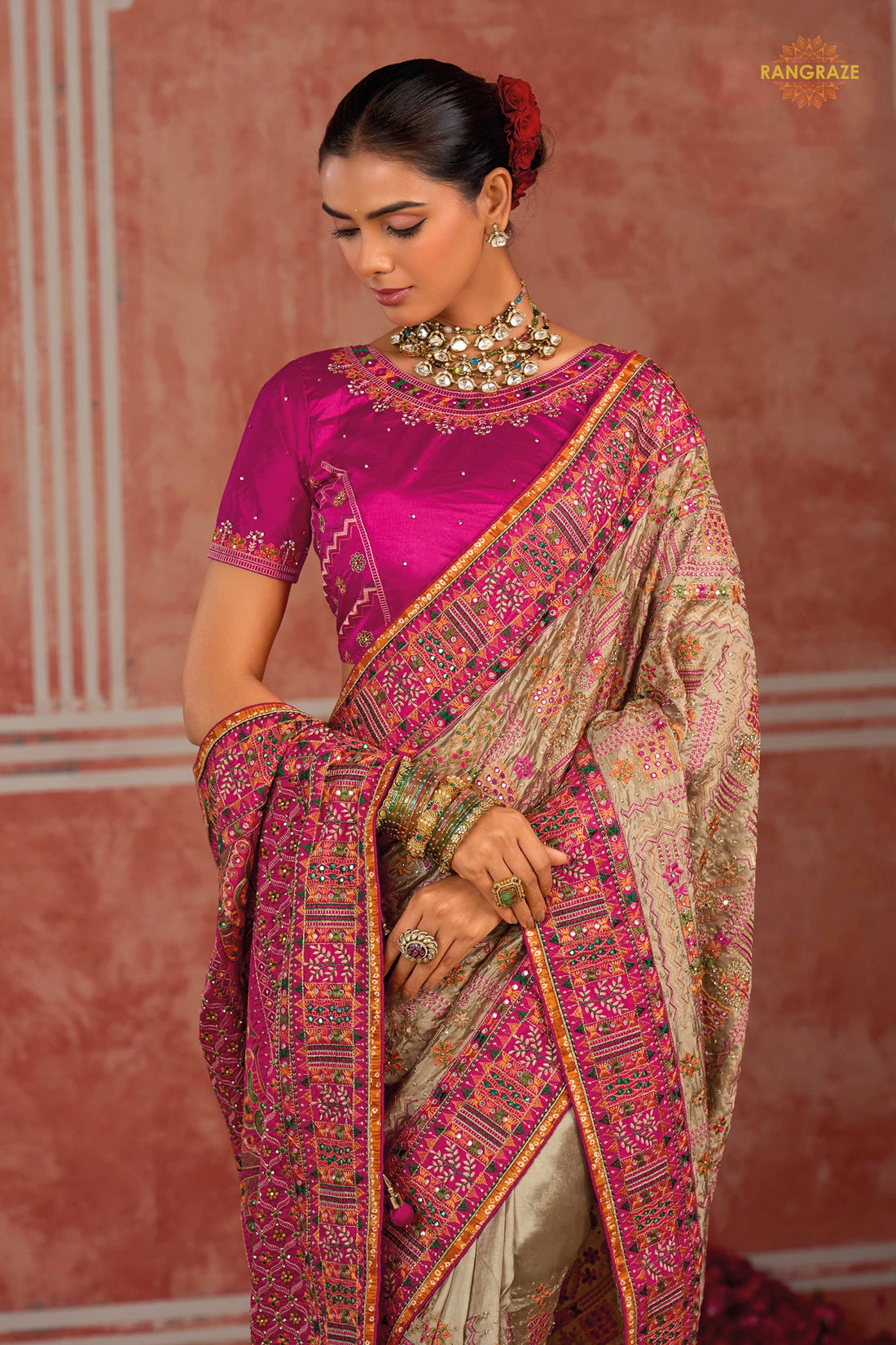 Beige Kachi Work Shana Silk Saree With Mirror Work