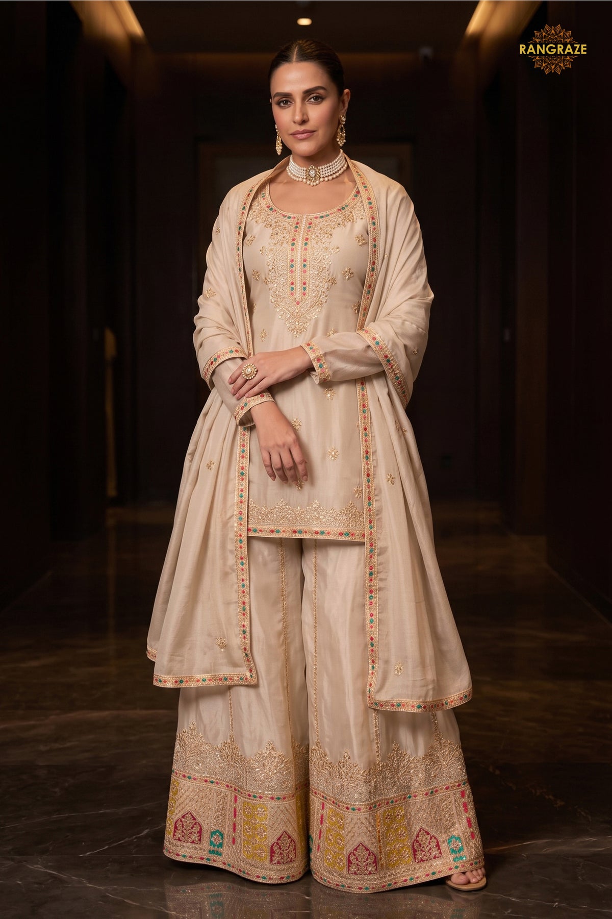 Beige Readymade Embroidered Chinon Sharara Suit