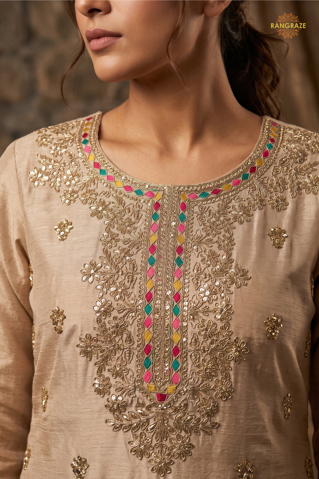 Beige Readymade Embroidered Chinon Sharara Suit