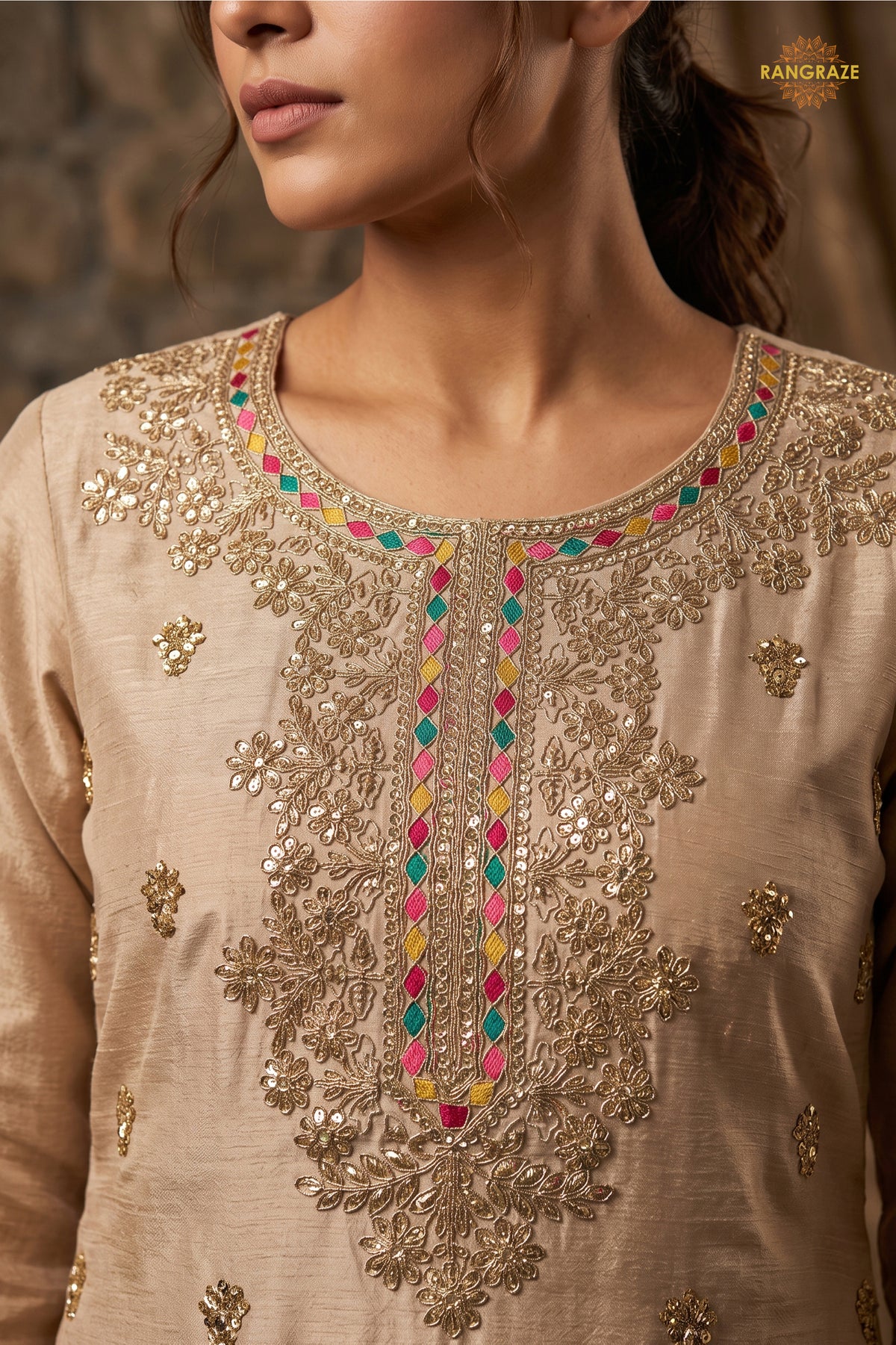Beige Readymade Embroidered Chinon Sharara Suit