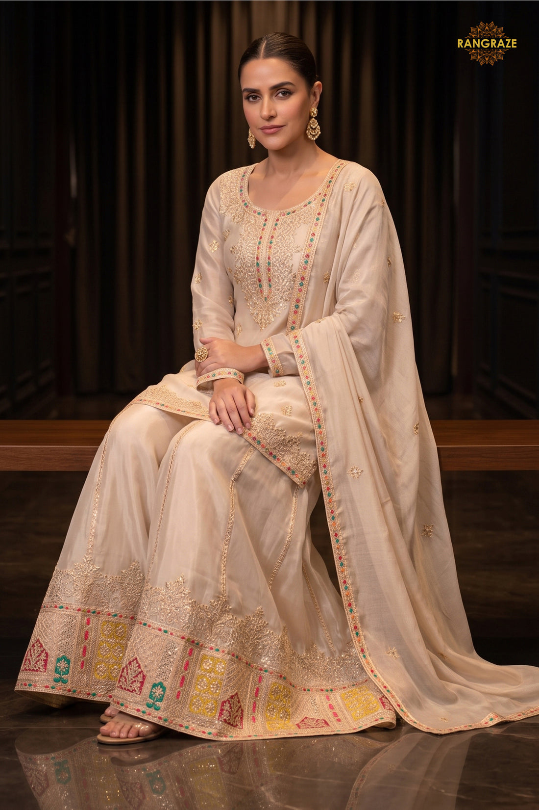 Beige Readymade Embroidered Chinon Sharara Suit
