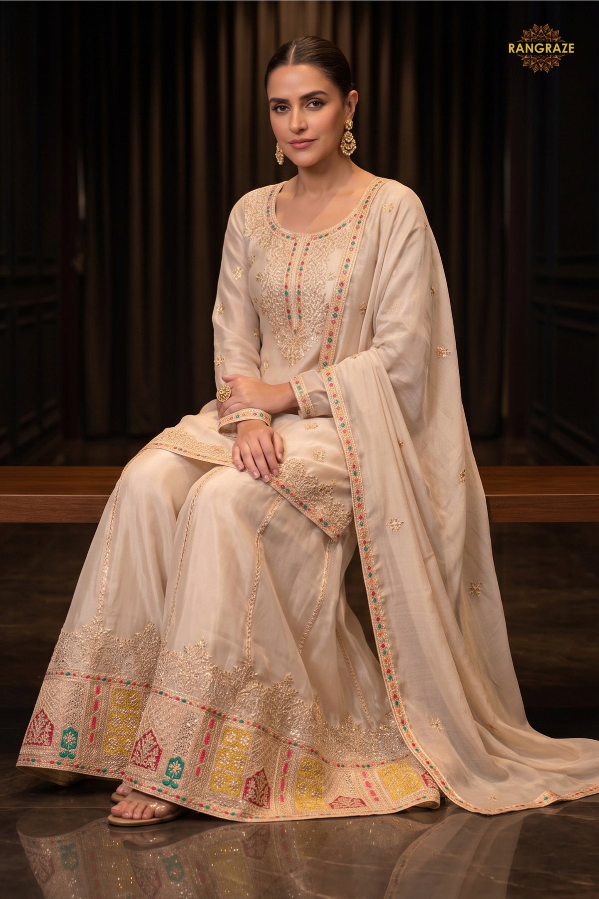 Beige Readymade Embroidered Chinon Sharara Suit