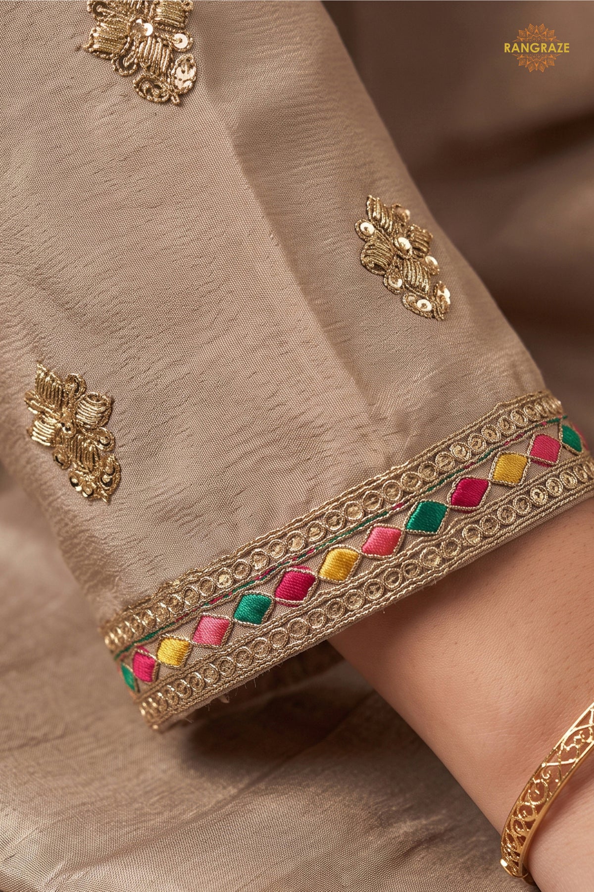 Beige Readymade Embroidered Chinon Sharara Suit