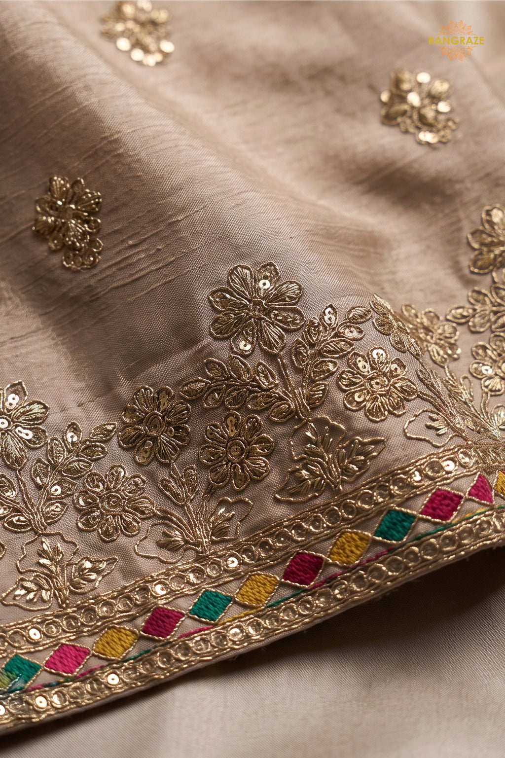 Beige Readymade Embroidered Chinon Sharara Suit