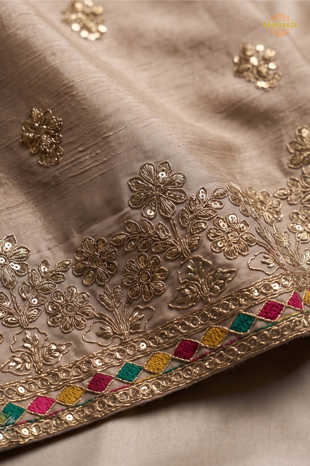 Beige Readymade Embroidered Chinon Sharara Suit