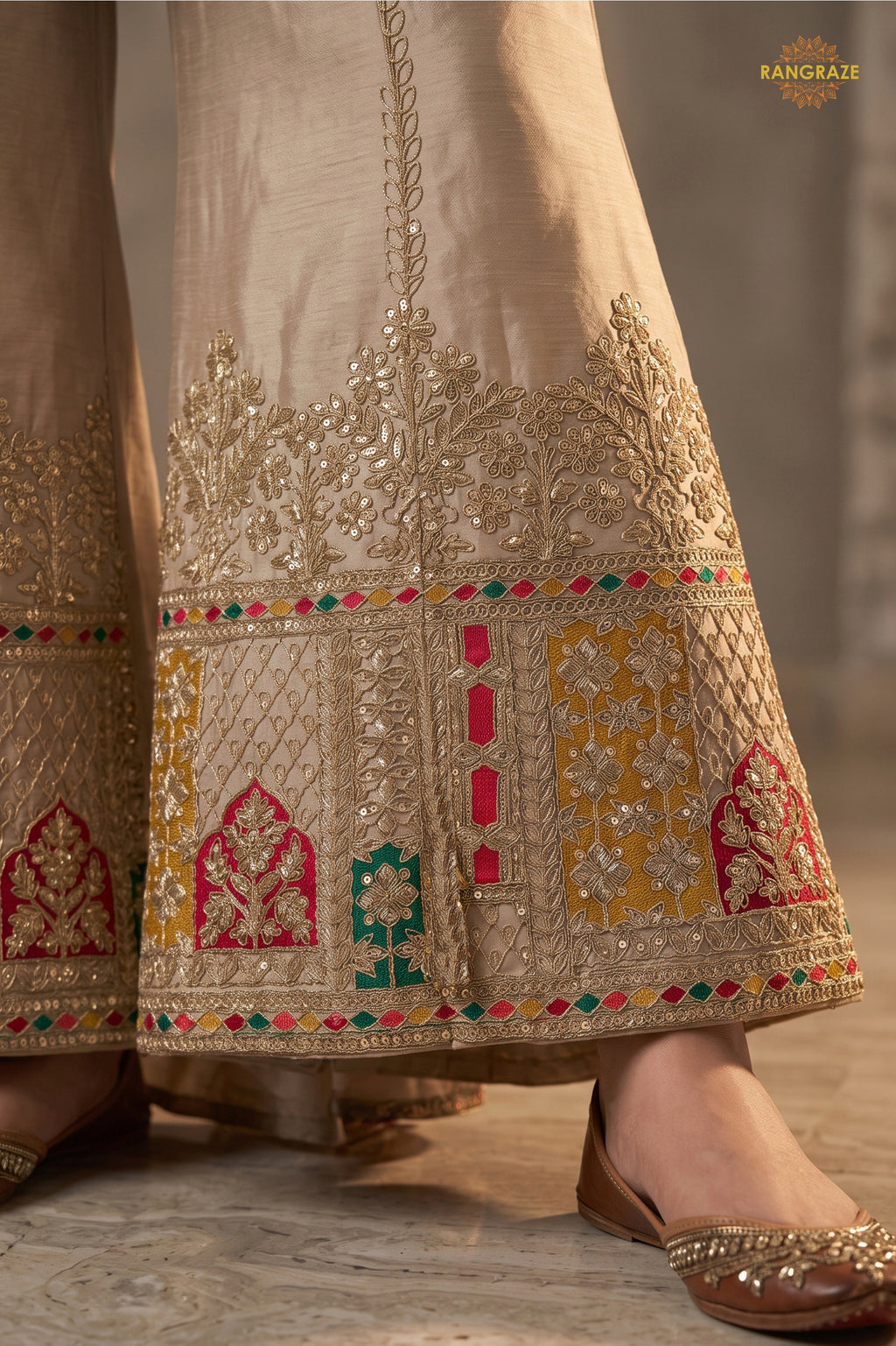 Beige Readymade Embroidered Chinon Sharara Suit