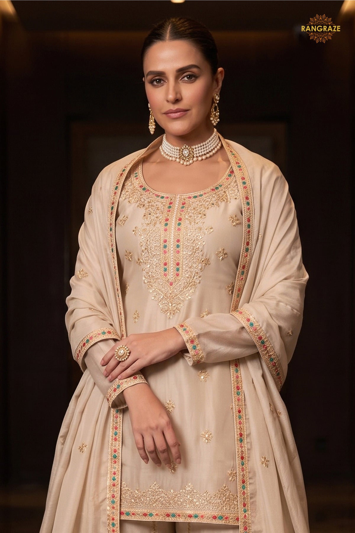 Beige Readymade Embroidered Chinon Sharara Suit