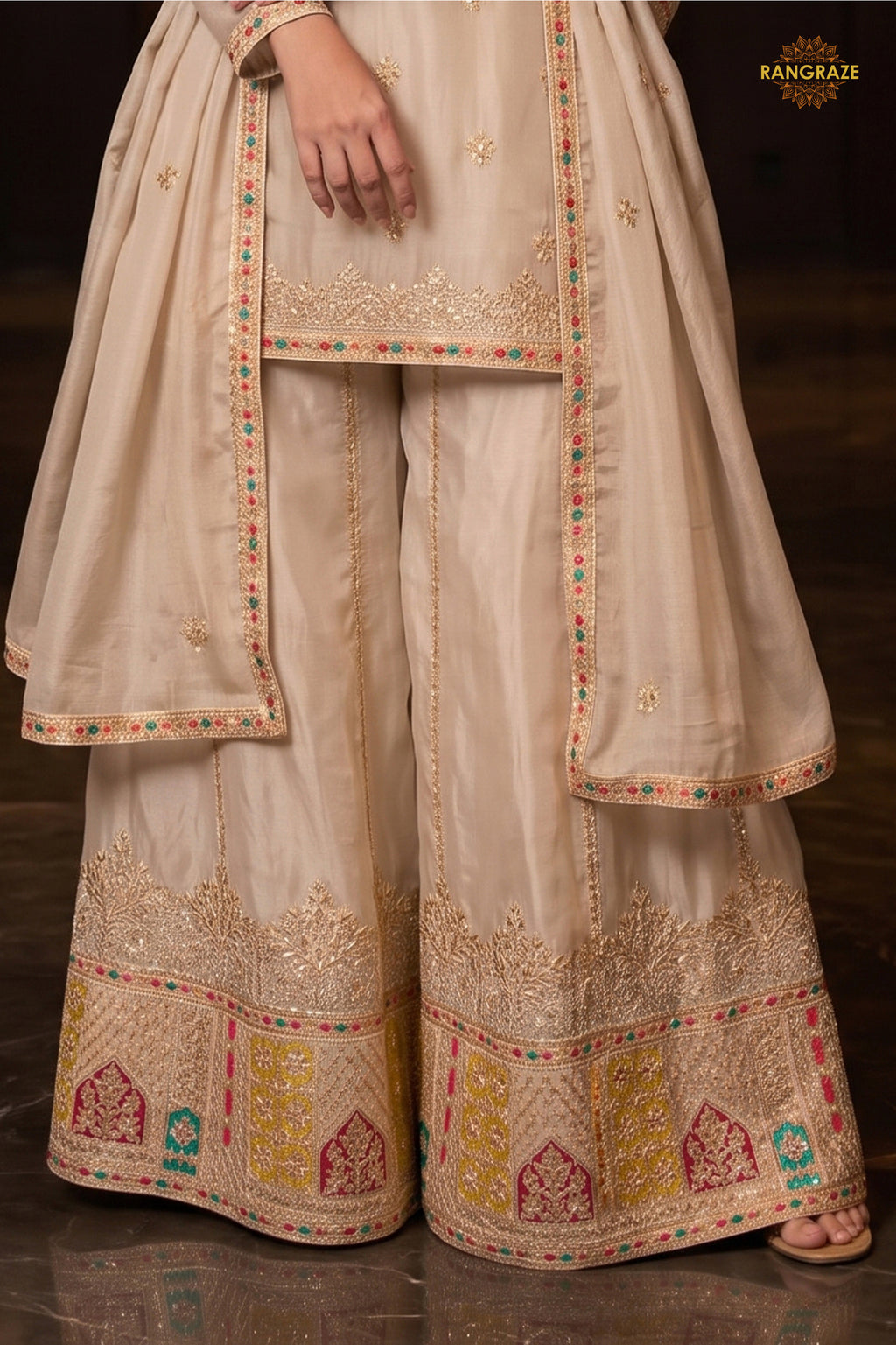 Beige Readymade Embroidered Chinon Sharara Suit