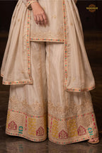 Beige Readymade Embroidered Chinon Sharara Suit