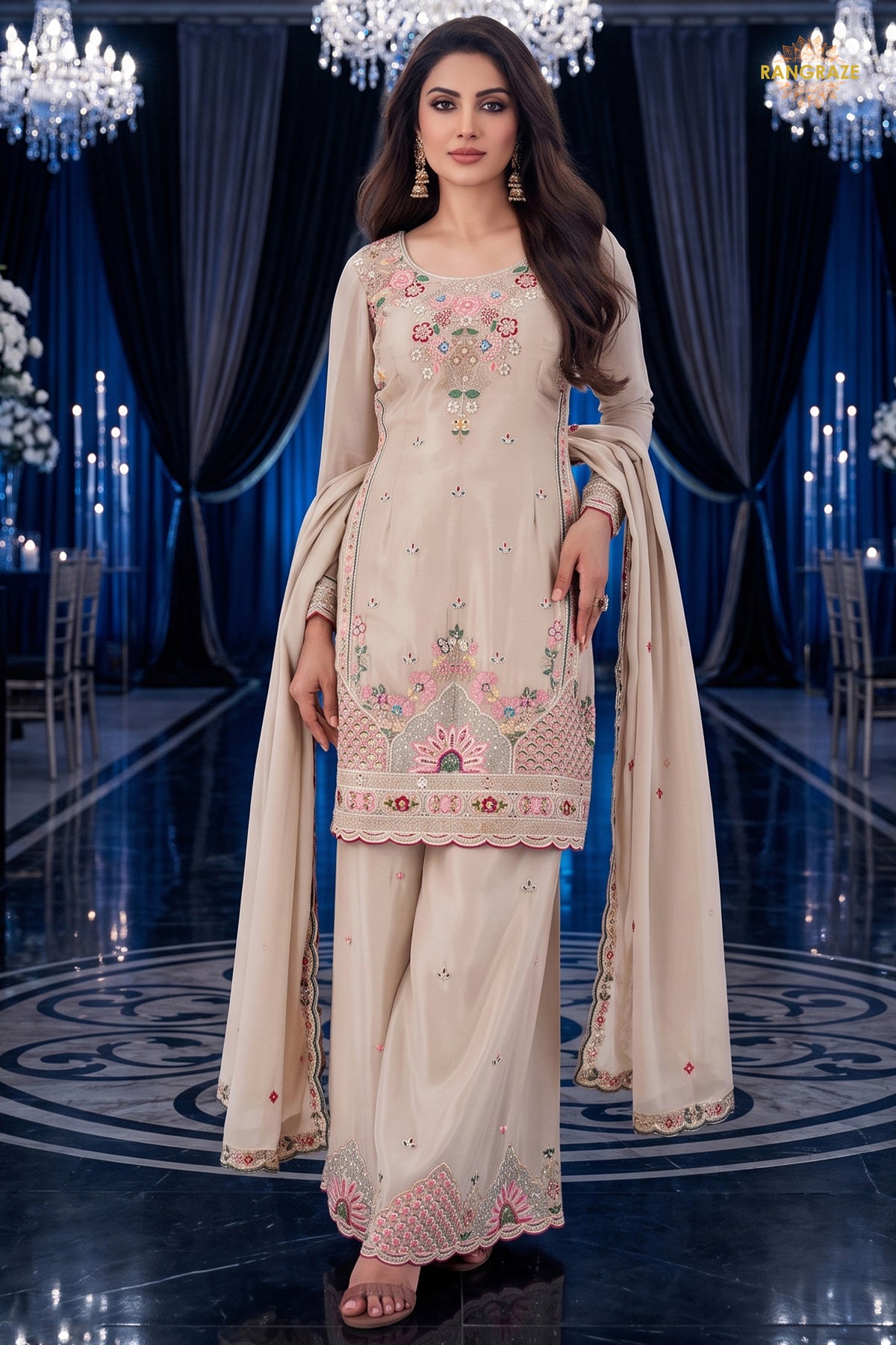 Beige Readymade Stitched Palazzo Suit