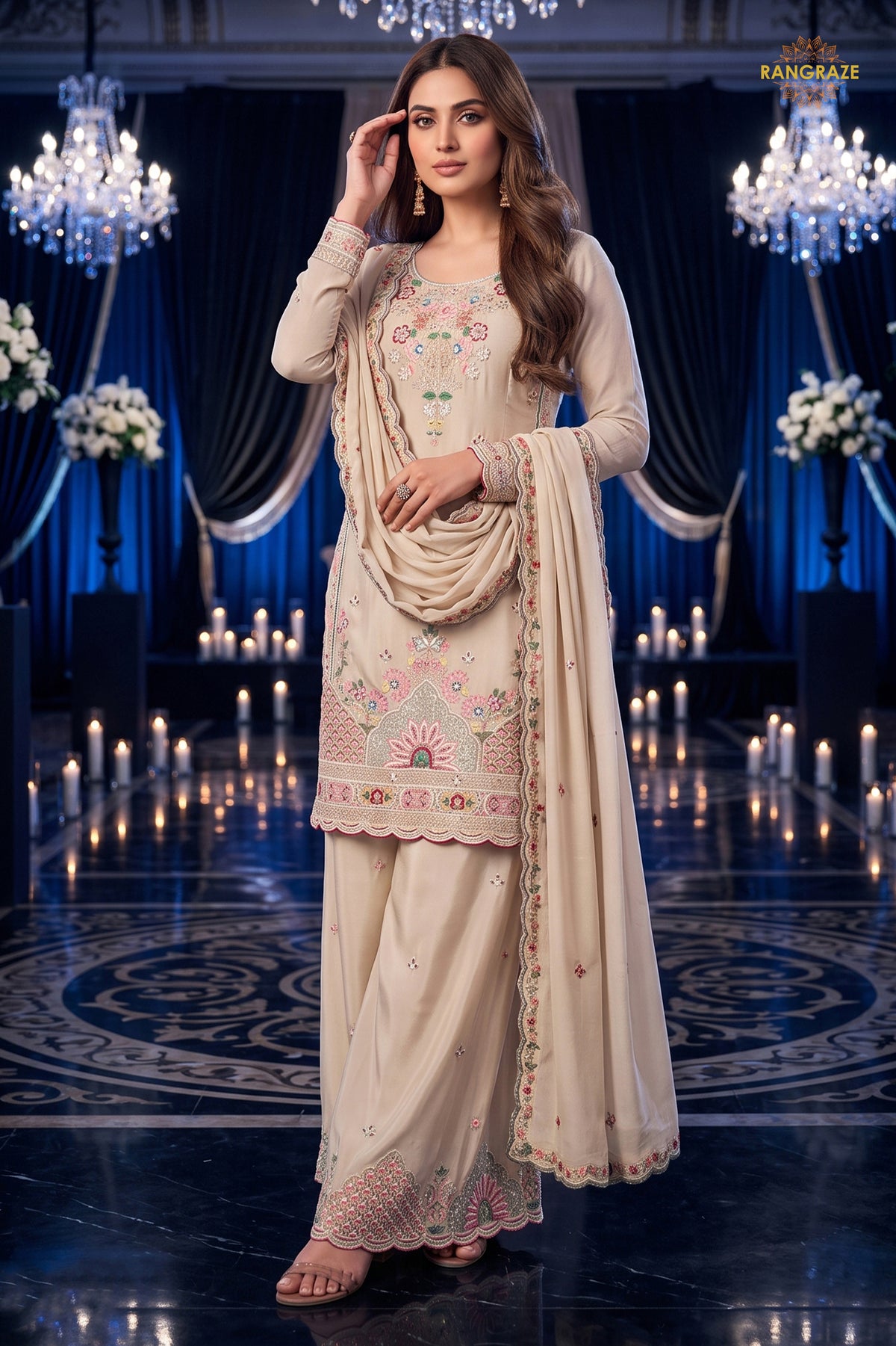 Beige Readymade Stitched Palazzo Suit