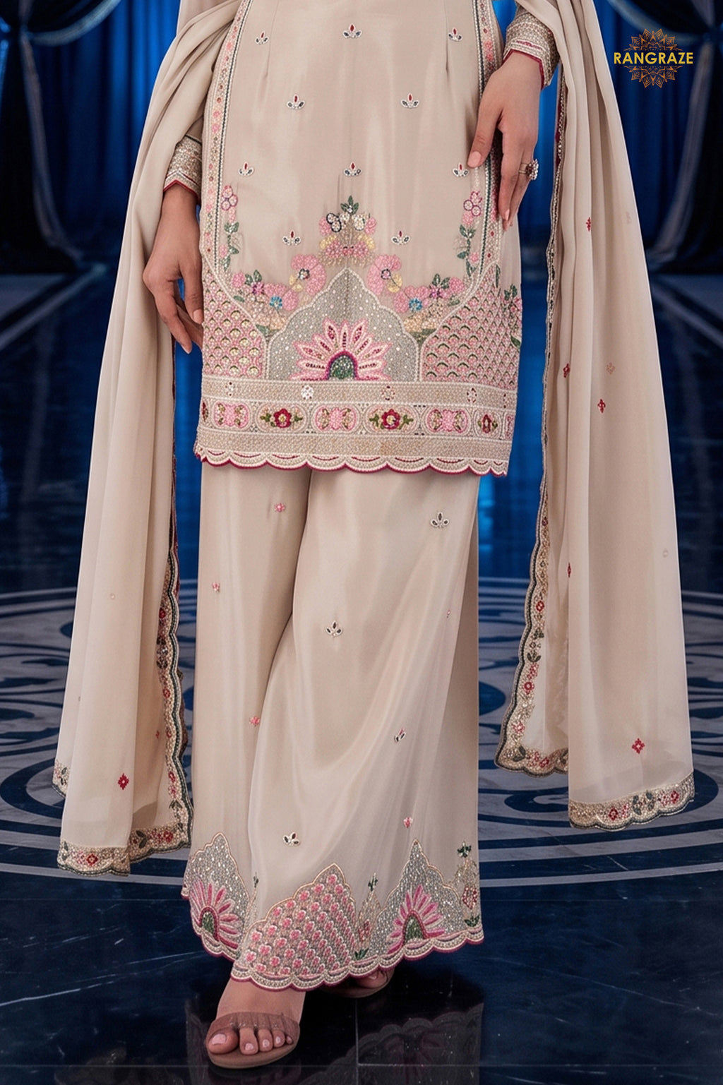Beige Readymade Stitched Palazzo Suit