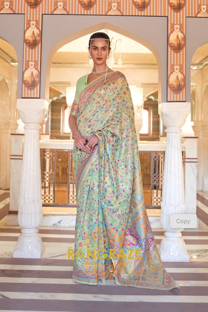 Pista Green Woven Banarasi Jamewar Saree