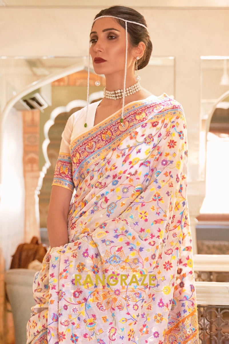 Ivory White Woven Banarasi Jamewar Saree