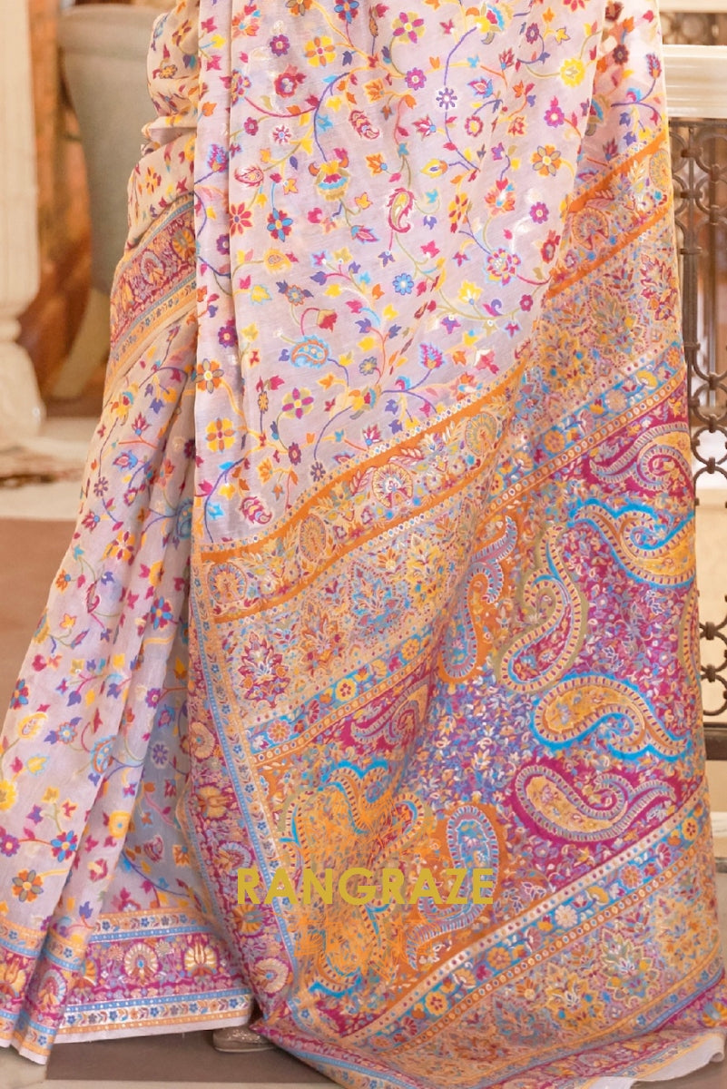 Ivory White Woven Banarasi Jamewar Saree