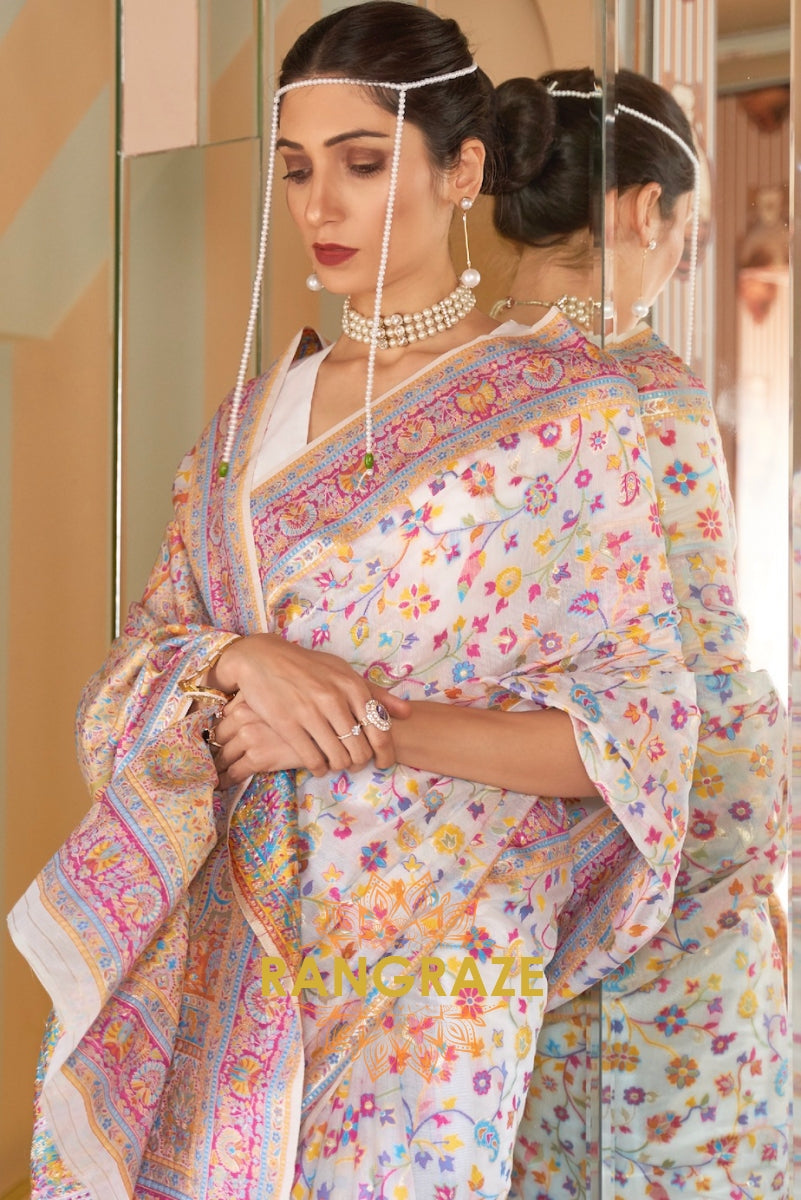 Ivory White Woven Banarasi Jamewar Saree
