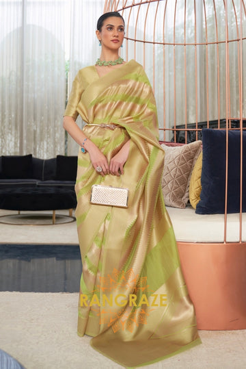 Golden Green Woven Banarasi Organza Silk Saree