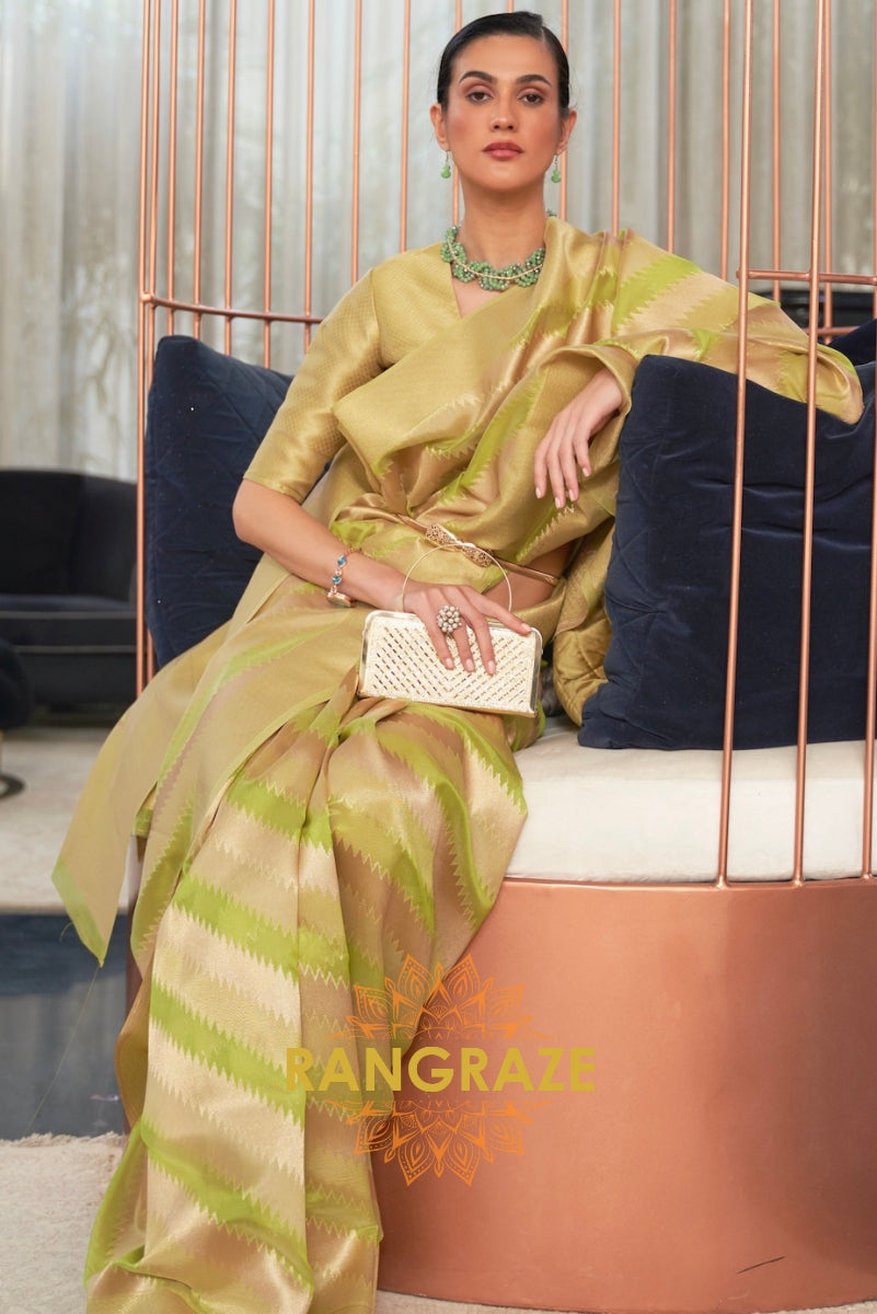 Golden Green Woven Banarasi Organza Silk Saree