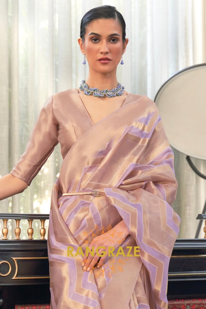 Golden Lavender Woven Banarasi Organza Silk Saree