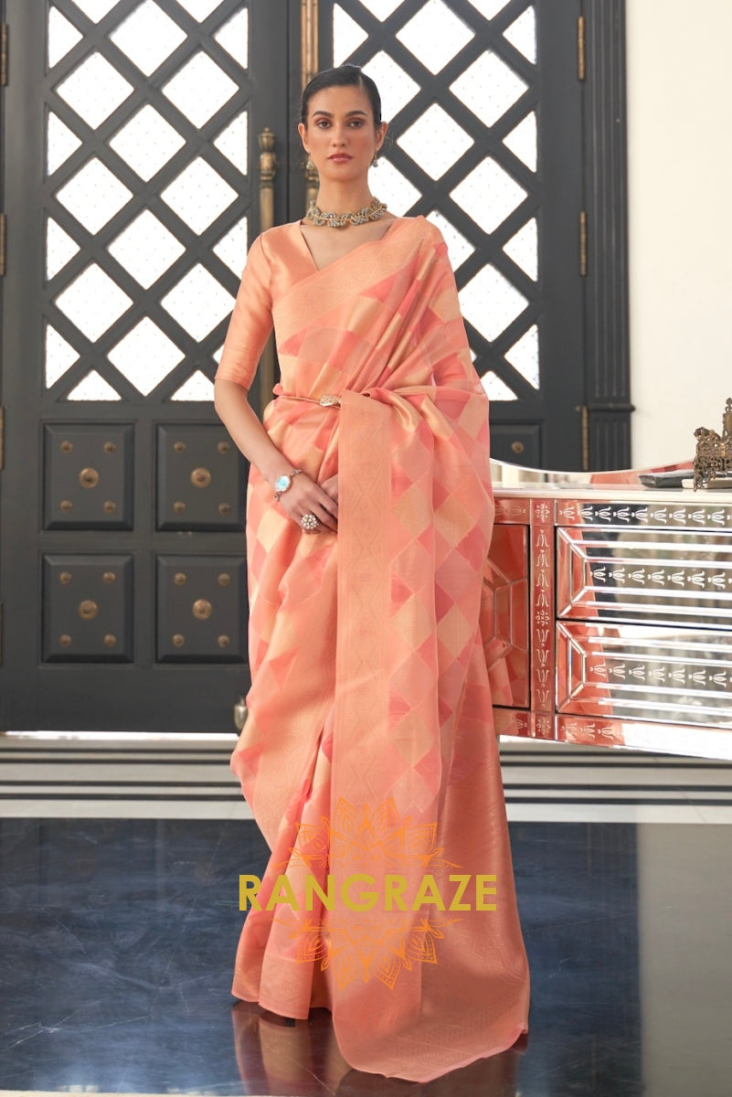 Golden Orange Woven Banarasi Organza Silk Saree