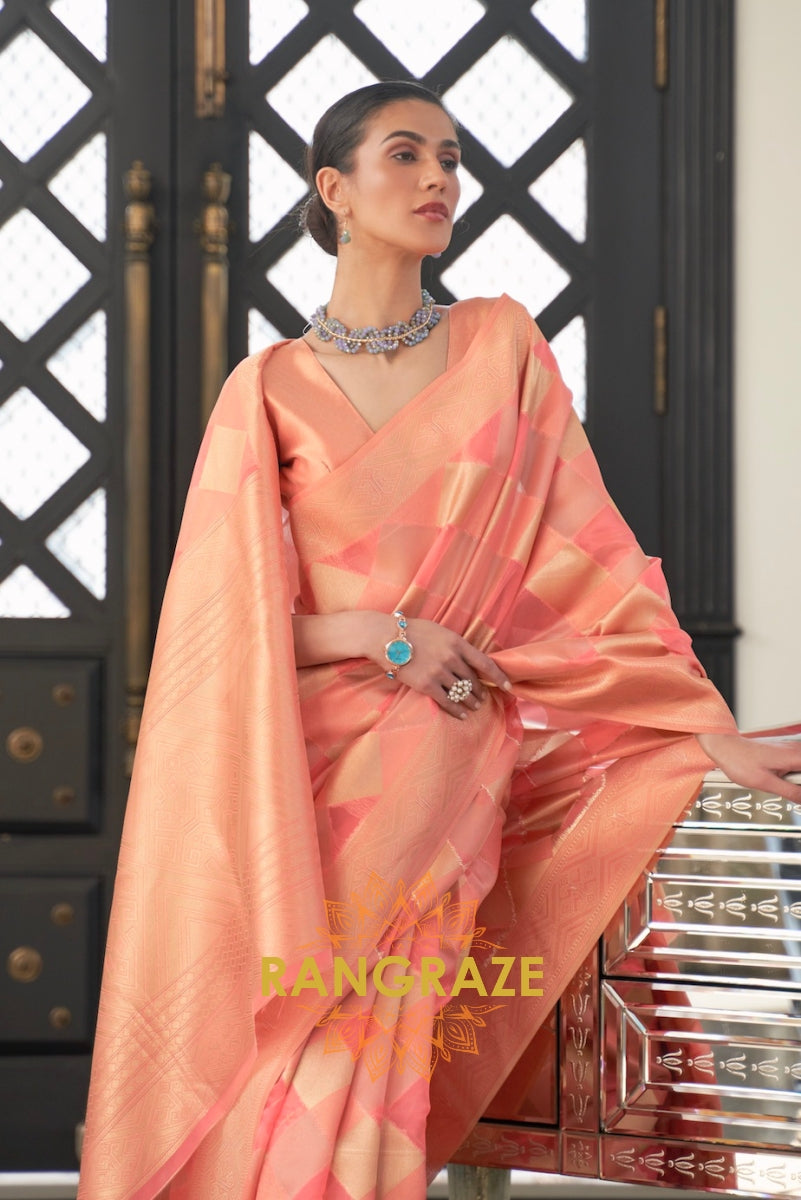 Golden Orange Woven Banarasi Organza Silk Saree