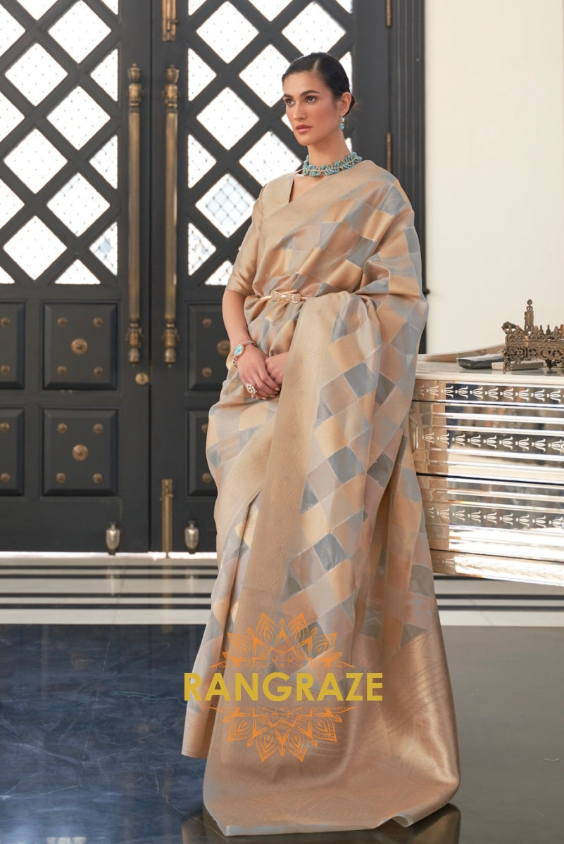 Golden Grey Woven Banarasi Organza Silk Saree