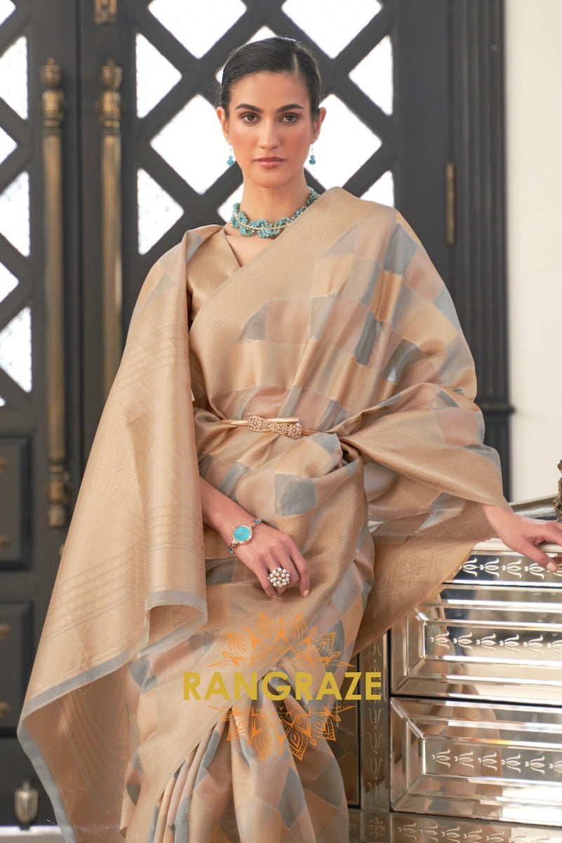 Golden Grey Woven Banarasi Organza Silk Saree