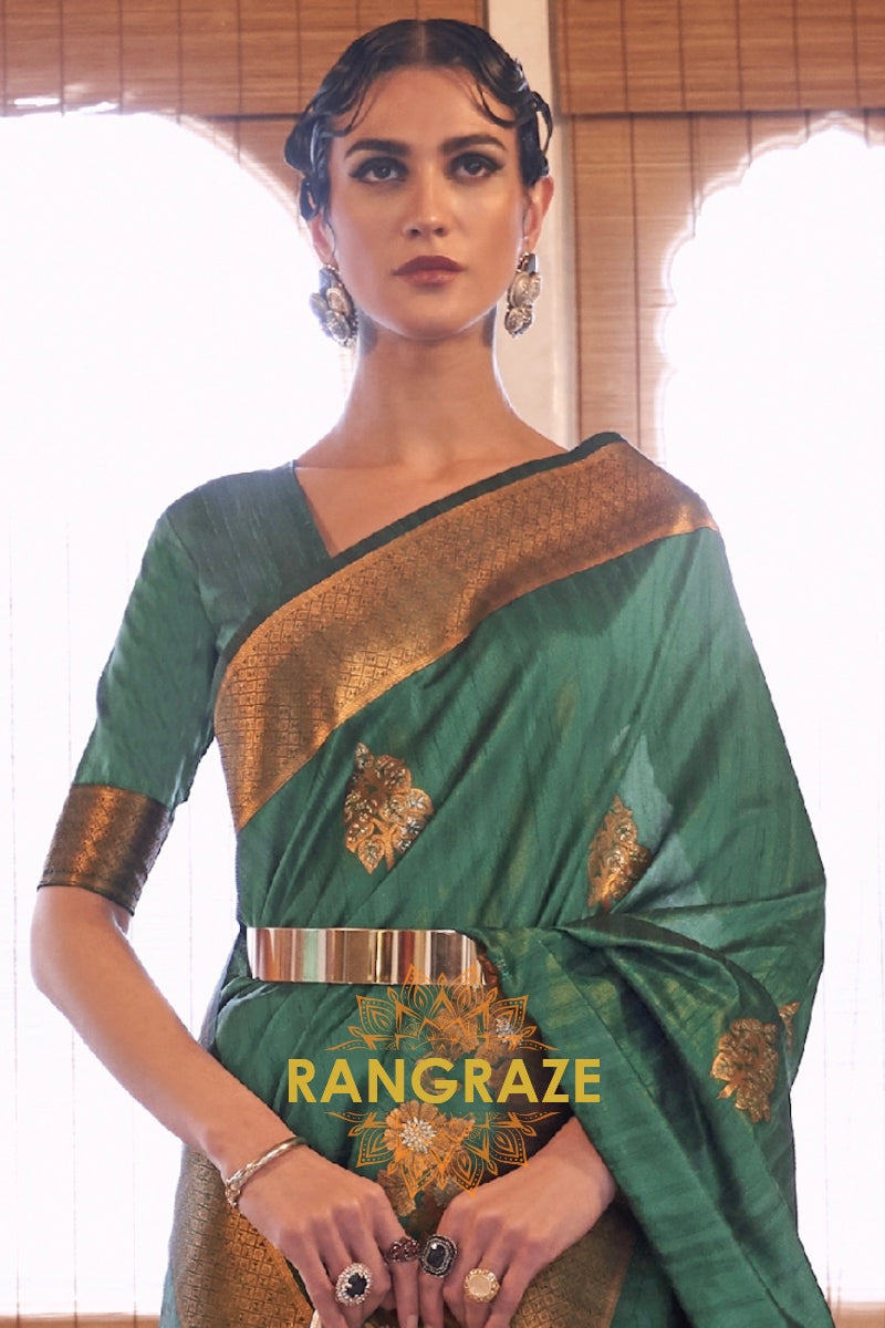 Tiffany Green Banarasi Golden Zari Woven Tusser Silk Saree