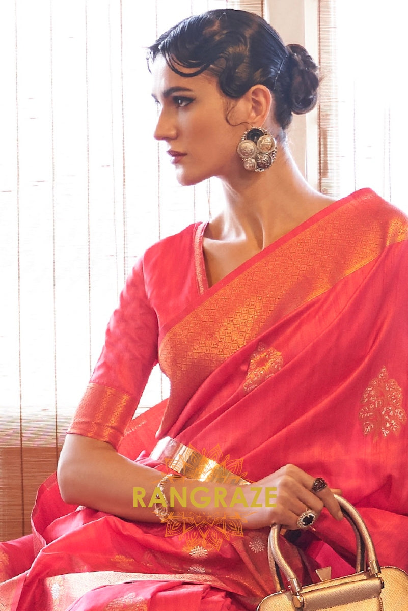 Royal Pink Banarasi Golden Zari Woven Tusser Silk Saree