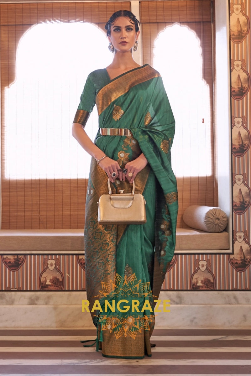 Tiffany Green Banarasi Golden Zari Woven Tusser Silk Saree