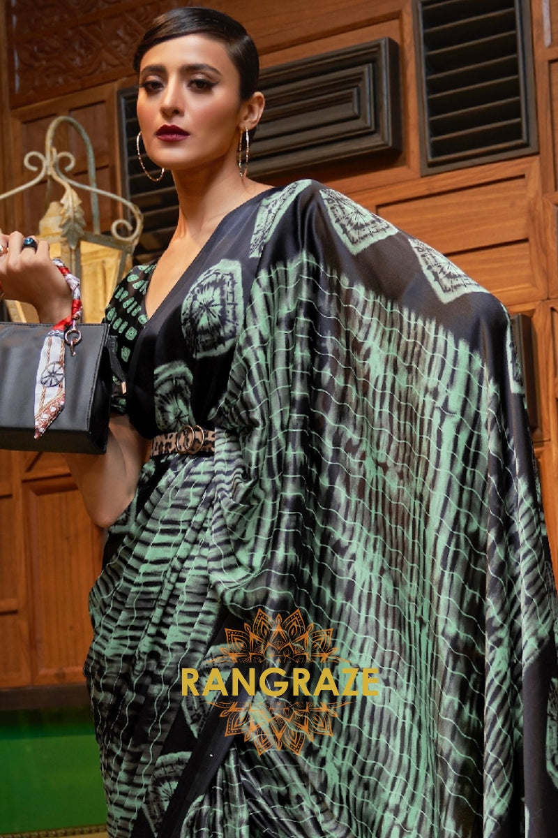 Green Art Satin Silk Printed Saree