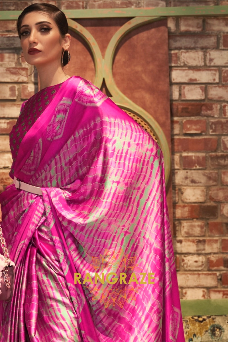 Royal Pink Satin Silk Printed Saree