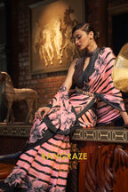 Pink Black Stripes Japan Satin Silk Saree
