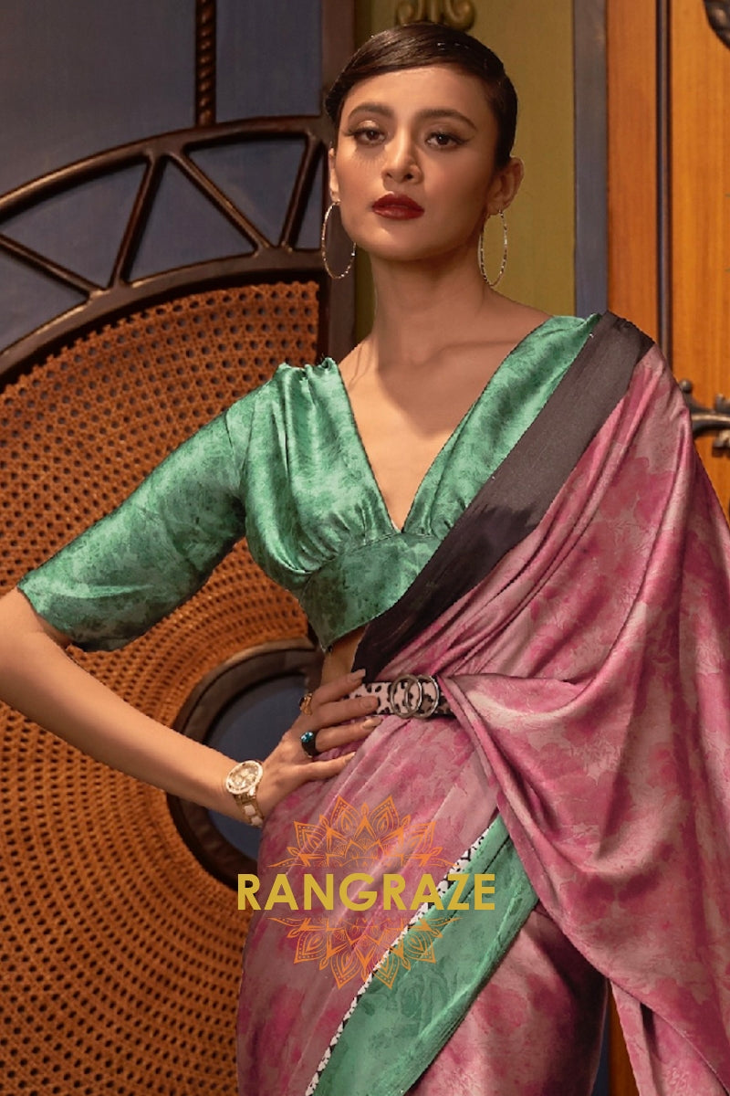 Pink Green Satin Silk Printed Saree