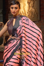 Pink Black Stripes Japan Satin Silk Saree