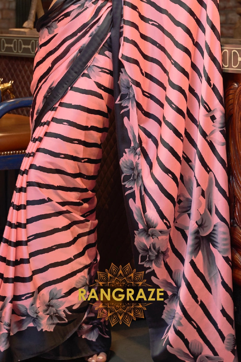 Pink Black Stripes Japan Satin Silk Saree
