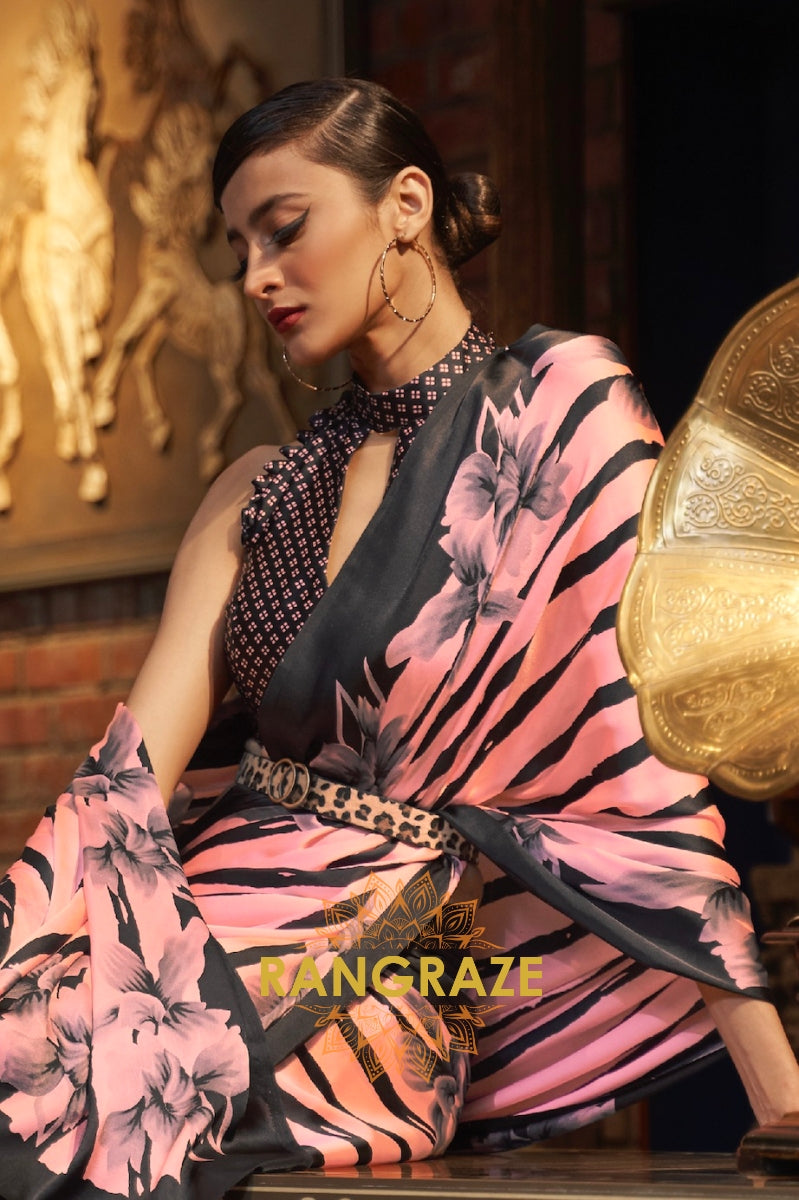 Pink Black Stripes Japan Satin Silk Saree