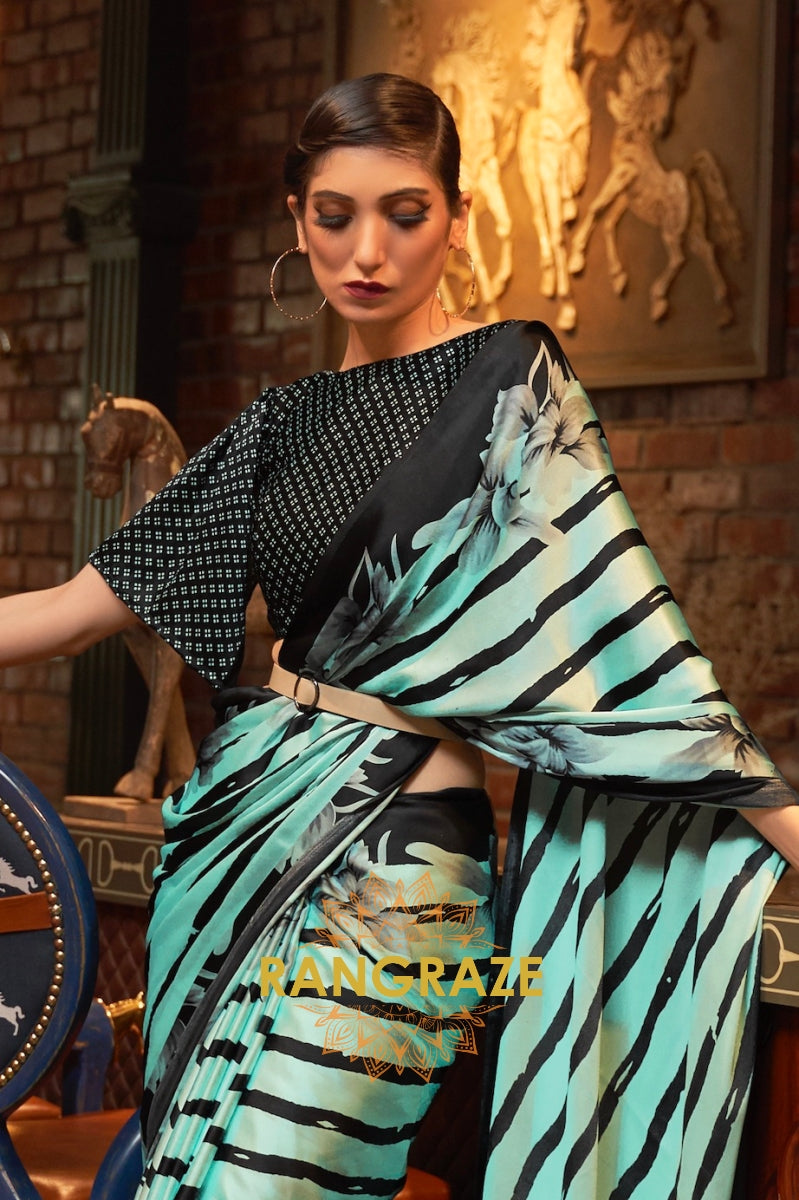 Green Black Stripes Satin Silk Printed Saree