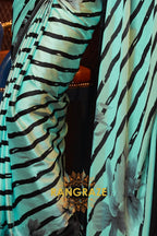 Green Black Stripes Satin Silk Printed Saree