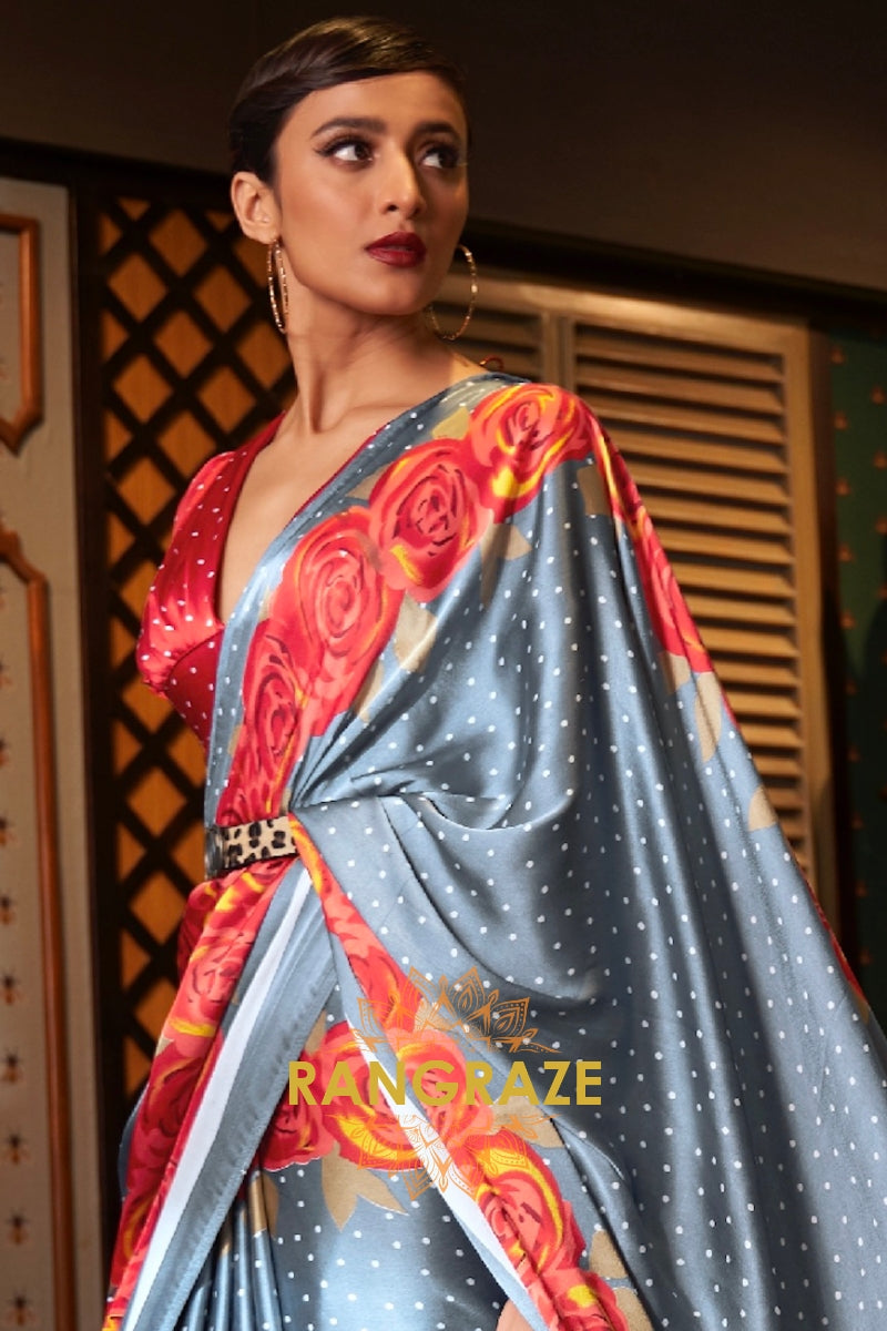 Majestic Grey Satin Silk Printed Saree