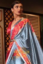 Majestic Grey Satin Silk Printed Saree