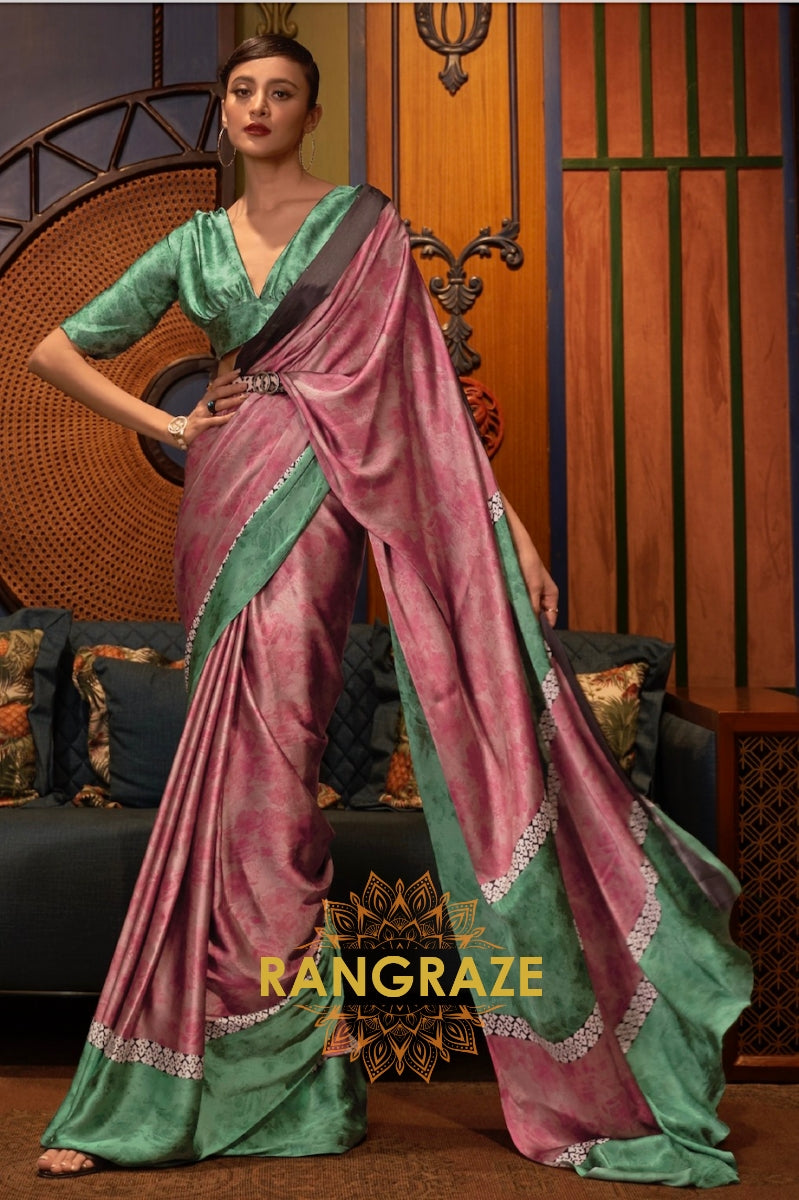 Pink Green Satin Silk Printed Saree