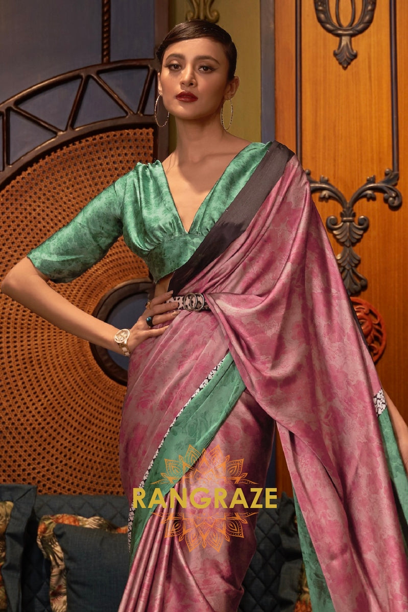 Pink Green Satin Silk Printed Saree
